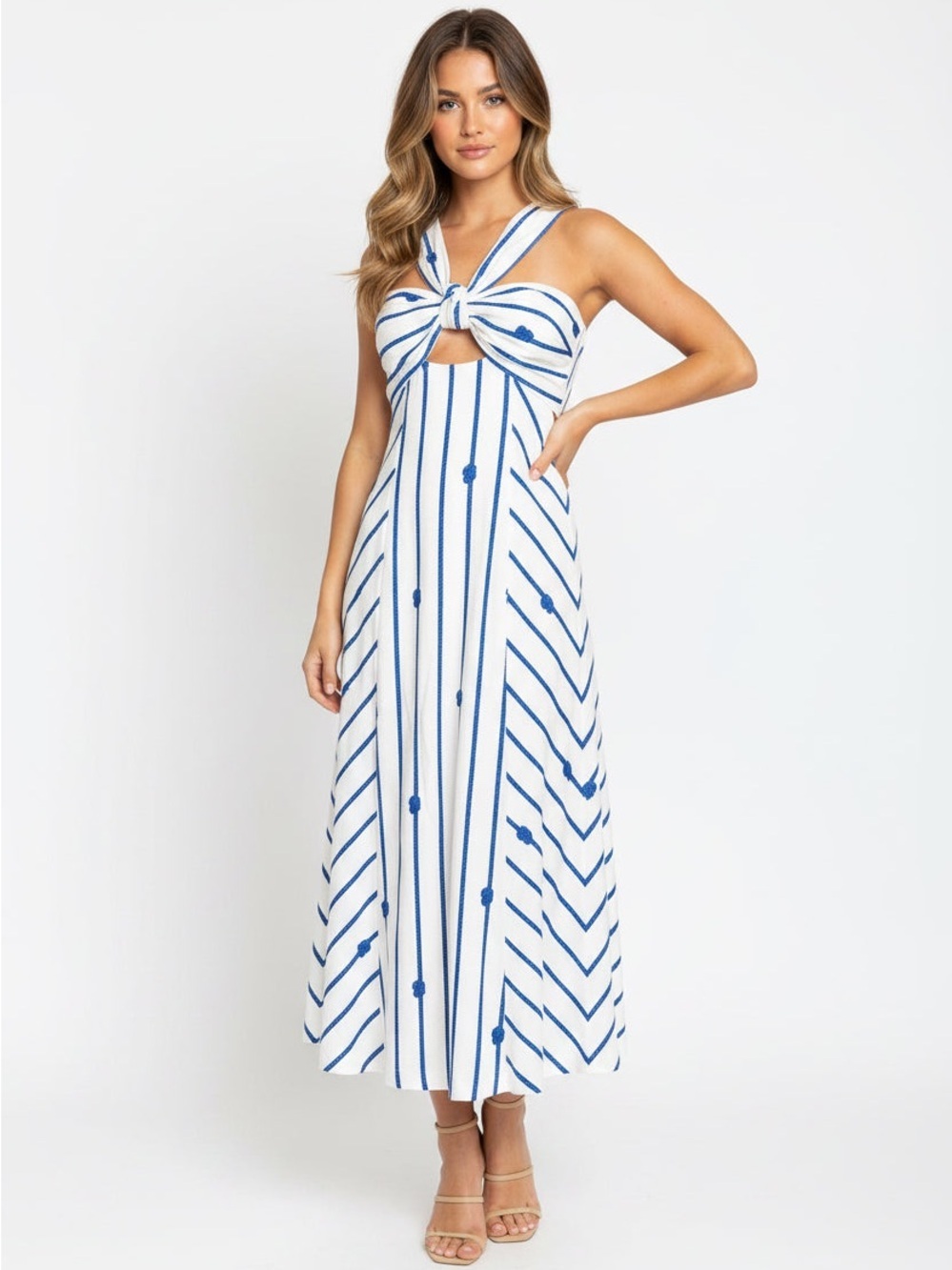ANTONIO MELANI White and Blue Striped Knot-Front Maxi Dress